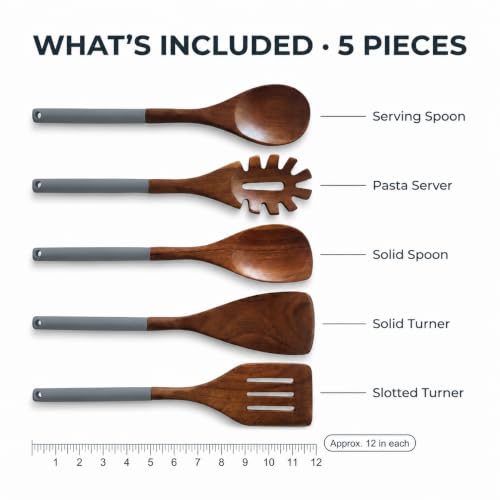 DI ORO Wooden Kitchen Utensil Set - 5-Piece Wooden Spoon & Spatula Set - Nonstick Cookware Safe Teak Wood Cooking Utensils - Heat-Resistant Kitchen Utensils Set with Silicone Handles (Dark Grey) - color: Dark Gray