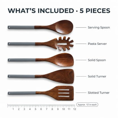 DI ORO Wooden Kitchen Utensil Set - 5-Piece Wooden Spoon & Spatula Set - Nonstick Cookware Safe Teak Wood Cooking Utensils - Heat-Resistant Kitchen Utensils Set with Silicone Handles (Dark Grey) - color: Dark Gray