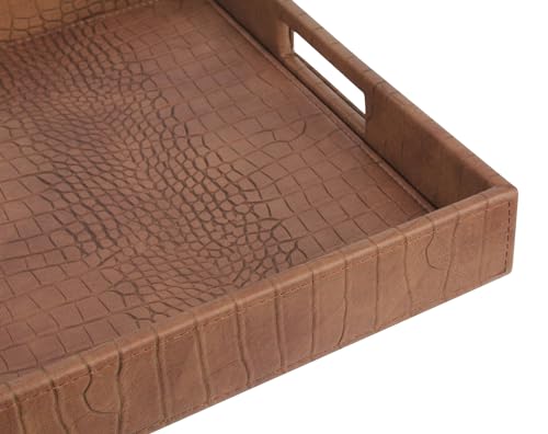 HofferRuffer Rectangle Serving Tray with Hole Handles for Coffee Table, Breakfast, Tea, Food, Butler - Countertop, Kitchen, Vanity Serve Tray, 16.2 x 12.2 x 2 inches, Faux Leather (Antique Brown) - color: Antique Brown