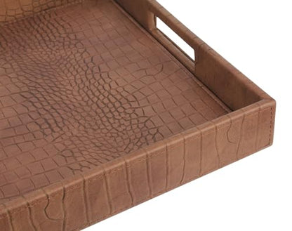 HofferRuffer Rectangle Serving Tray with Hole Handles for Coffee Table, Breakfast, Tea, Food, Butler - Countertop, Kitchen, Vanity Serve Tray, 16.2 x 12.2 x 2 inches, Faux Leather (Antique Brown) - color: Antique Brown