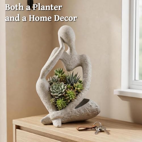 Large Resin Thinker Head Planter Pot with Drainage Hole Unique Indoor Outdoor Flower Pot for Succulents Cacti and Home Decor Perfect Plant Lover Gift