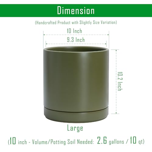 D'vine Dev 10 Inch Ceramic Planter Pot, Olive, 94-O-E-J | Modern Cylinder Design, Drainage Hole & Saucer Included, Stable Structure, Elegant Home Accent - color: Olive, size: Large