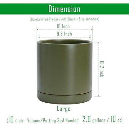 D'vine Dev 10 Inch Ceramic Planter Pot, Olive, 94-O-E-J | Modern Cylinder Design, Drainage Hole & Saucer Included, Stable Structure, Elegant Home Accent - color: Olive, size: Large