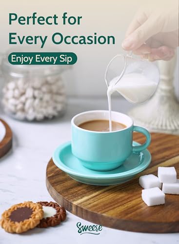 Sweese 4 Ounce Porcelain Stackable Espresso Cups with Saucers and Metal Stand Set of 4, Turquoise - color: Turquoise, size: 4 Ounces