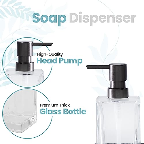 Square Glass Clear Lotion and Soap Pump Dispenser Set with Metal Stand Caddy for Bathroom Bath Kitchen Home Office Travel Hotel Hand Crafted Heavy Weight Oil Rubbed Bronze - color: Oil Rubbed Bronze