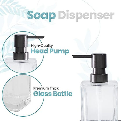 Square Glass Clear Lotion and Soap Pump Dispenser Set with Metal Stand Caddy for Bathroom Bath Kitchen Home Office Travel Hotel Hand Crafted Heavy Weight Oil Rubbed Bronze - color: Oil Rubbed Bronze