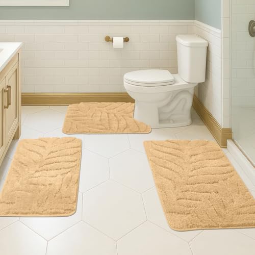 Bath Rugs Set 3 Pieces Bathroom Mat Soft Absorbent Plush Shaggy Soft Floor Non Slip Shower Bath Tub Machine Washable - color: Honey Gold-leaf, size: 20"x32"/20"x20"/17"x24"
