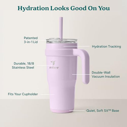 REDUCE 24 oz Stainless Steel Tumbler with Handle - Dual-Wall Vacuum Insulated Travel Mug, Sweat-Proof Lid & Reusable Straw - Keeps Drinks Cold for 24 Hrs, Fits Cupholders, Dishwasher Safe - Lilac Bud - color: Lilac Bud, size: 24 Ounces