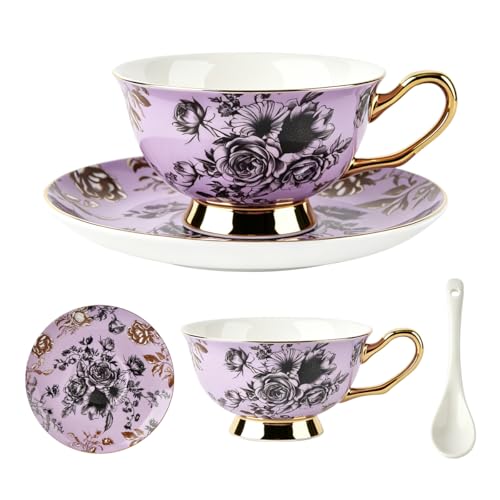 Bone China Tea Cup and Saucer Set for 1 with Spoon, Floral, 6.76 oz - color: purple01