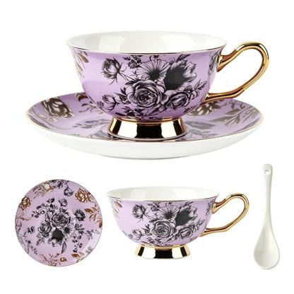 Bone China Tea Cup and Saucer Set for 1 with Spoon, Floral, 6.76 oz - color: purple01