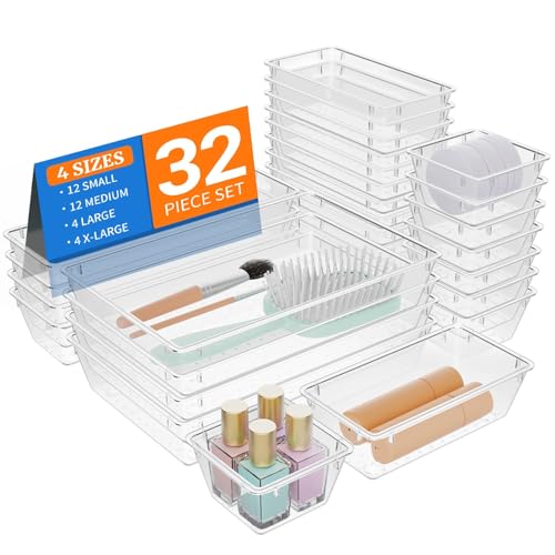 32 PCS Drawer Organizer Set, Vanity Organizer Trays and Storage Bins | 4-Size vanity organizer Trays and Storage Bins for Makeup, Jewelry and Gadgets in Bedroom, Bathroom and Office, Clear - color: Clear