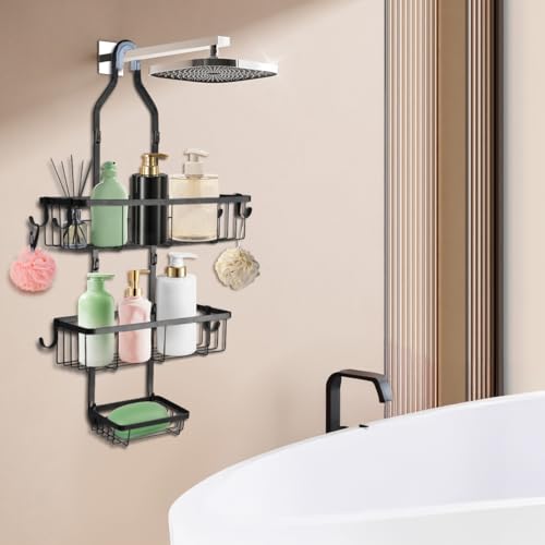 Shower Caddy Hanging Over Shower Head, Height Adjustable No Drilling Bathroom Hanging Shelf Organizer, Rustproof Shower Caddy Over with Hooks Shampoo Soap Holder for Inside Shower