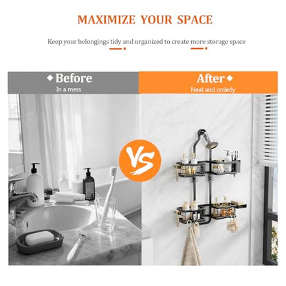 Shower Caddy Hanging Shower Head,Rustproof Hanging Shower Caddy Over Showerhead Bathroom Shower Caddies Shelf Organizer Rack For Sponge,Shampoo,Soap Storage,With Razor-Hooks,Black