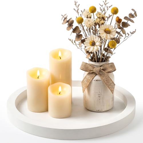 Round Candle Plate Holder White Wooden Coffee Table Tray Kitchen Decor | Wood Decorative Tray Farmhouse Dining Table Centerpiece Farmhouse Living Room Home Decoration for Bathroom Vanity Accessories - color: White, size: 11"