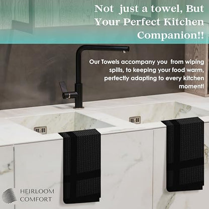 12 Pack Black Waffle Weave Kitchen Towels, 16x26 Inch, 100% Cotton Dishcloth Set, Super Absorbent, Fast Dry, Teal Towels, Soft Hand Towel, Dish Rags, Wash Cloth, Cleaning, Durable - color: Black, style: 12 Pack