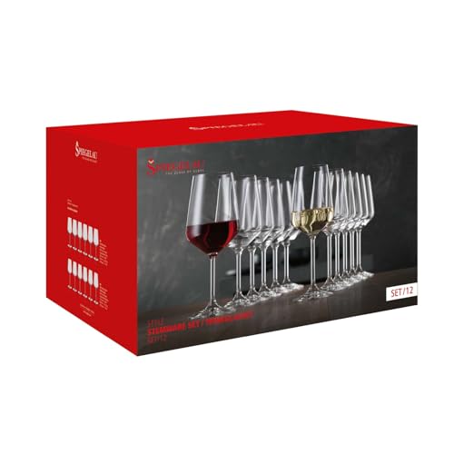 Spiegelau Style Red and White Wine Glasses, Modern Stemmed Wine Glasses, Elegant Glassware for Dinner Parties, Home Bar Cart Accessories, Hosting Essentials, and Wedding Gifts, Set of 12 - style: Red and White