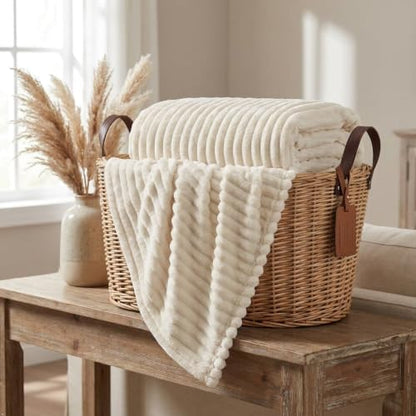 Nookly Beige Twin Size Fleece Blanket, Soft Lightweight Ribbed Plush Bed Blanket, Cozy All-Season Striped Fleece Twin Throw for Bedroom and Home, 60x80 Inches - color: Beige, size: Twin(60"x80")