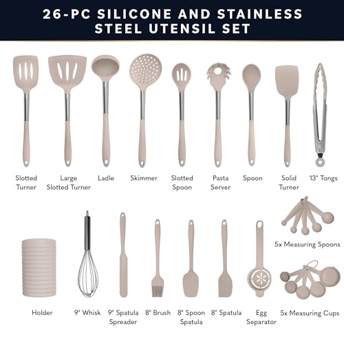 Home Hero Silicone Kitchen Utensils Set - Heat Resistant Non-Scratch Cooking Utensils - Ergonomic Silicone Spatula Set - Dishwasher Safe Kitchen Tools - 26 Piece, Stone - size: 26 Pcs
