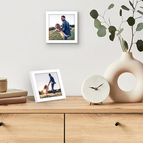 Americanflat 4x4 Picture Frame - Slim Molding - White | Shatter-resistant glass, wall or tabletop display with included easel, triangle hangers included, secure turn-tab backing - color: White, size: 4x4