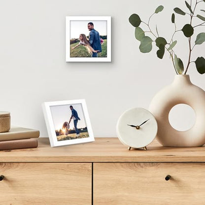 Americanflat 4x4 Picture Frame - Slim Molding - White | Shatter-resistant glass, wall or tabletop display with included easel, triangle hangers included, secure turn-tab backing - color: White, size: 4x4