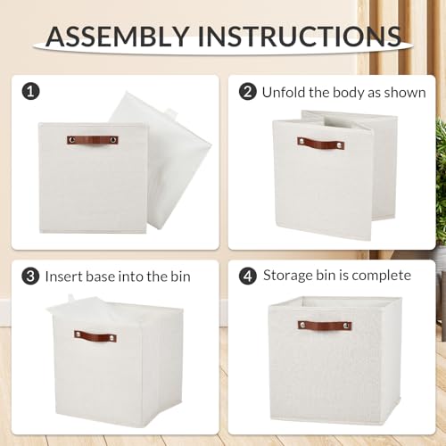 Garvee 6 Pack 13×13 Inch Foldable Fabric Storage Cube Bins, Linen Closet Organizer Boxes with Sturdy Leather Handles, Collapsible Storage Basket for Shelves, Cabinet, Home Organization, Beige