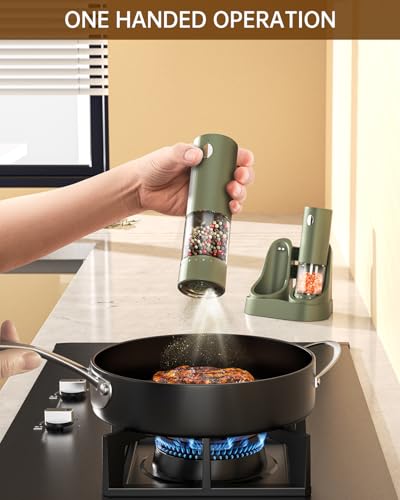 CIRCLE JOY Electric Salt and Pepper Grinder Set Automatic Salt and Pepper Grinder Set with Easy-to-Carry Charging Base and LED Light, USB Rechargeable, Upgrade External Adjustable Coarseness, Green - color: Green