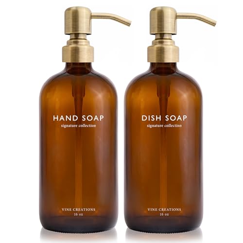 Vine Creations Amber Glass Soap Dispenser Set, Dish Soap and Hand Soap Dispenser Set with Stainless Steel Pump, 16 oz Glass Dispensers for Kitchen or Bathroom Decor (Amber Bottle/Brushed Brass Pump) - color: Amber Bottle / Brushed Brass Pump