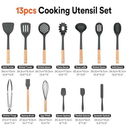 Kitchen Utensils Set, 13PCS Silicone Cooking Utensils, Heat Resistant Kitchen Utensil Spatula Set for Nonstick Cookware, Wooden Handles Kitchen Gadgets Tools Set - color: Gray