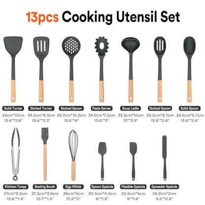 Kitchen Utensils Set, 13PCS Silicone Cooking Utensils, Heat Resistant Kitchen Utensil Spatula Set for Nonstick Cookware, Wooden Handles Kitchen Gadgets Tools Set - color: Gray