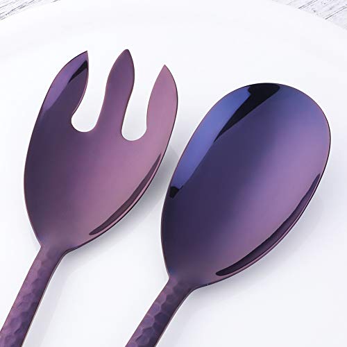 Salad Spoon and Fork Set, 12 Inch Stainless Steel Salad Server, Purple Serving Utensils, Dishwasher Safe, Pack of 2 - color: Purple