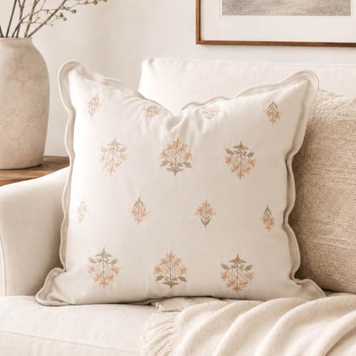 BlissBlush Throw Pillow Cover 20x20, Cream White Velvet Decorative Pillow Cover, Ivory Floral Accent Cushion Cover with Embroidery and Scalloped Edge for Couch Sofa Bed, Cover ONLY - color: Cream White, size: 20" x 20" (Pack of 1)