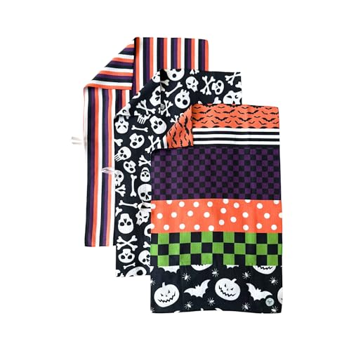 Kitchen Towels, Dish Towels for Kitchen, 3 Pc Kitchen Towel Set | Microfiber Waffle Towels, 16 x 26 inches, with Hanging Loops, Reusable Tea Towels, Cute Kitchen Towels - 3 Pack - color: Halloween Multi