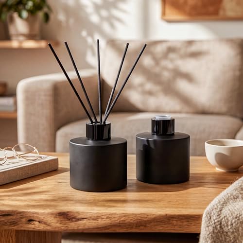 10 Set Reed Diffuser Bottles, 100ml Glass Jars with Stick, Black | Empty Glass Bottles, Refillable Fragrance, Black Caps, Inner Stoppers, for DIY Scent Blends, Living Room Home, No Oils - color: Black