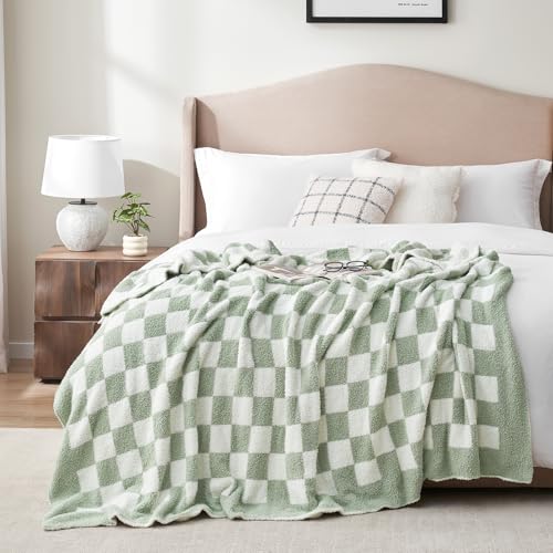 Snuggle Sac Checkered Bedding Blanket Twin Size 60x80, Super Soft Cozy Warm Knit Blankets, Reversible Breathable Lightweight Fluffy Throws for Sofa, Bed, Checkered Sage Green, 60x80 Inches - color: Checkered Sage Green, size: Twin(60"x 80")