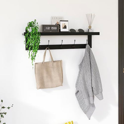 SMIBUY Coat Hooks with Shelf Wall-Mounted, 29.2 Inch Entryway Coat Rack for Wall, Bamboo Hanging Shelf with 5 Double Metal Hooks for Bathroom, Bedroom, Kitchen, Living Room, Mudroom (Black) - color: Black
