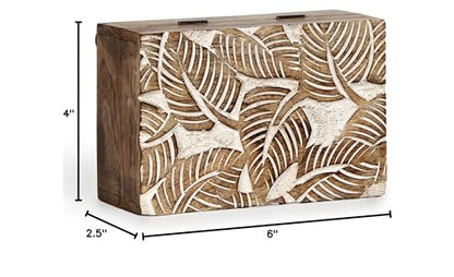 Mother's Day Wooden Hand White Wash Leaf Design Jewelry Storage Box Holder | Tarot Card Trinket Keepsake Wooden Storage Box Perfect Gifts for Women 6x4x2.5 Inch