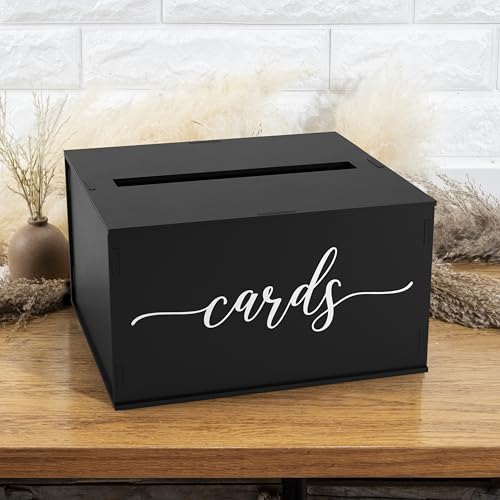 Wooden Wedding Card Box with Slot and Lid | Graduation Card Box for Party 2026 | Grad Gift Money Envelope Holder for Reception, Bridal Shower, Birthday, Retirement | Rustic Keepsake Decorations - size: Card Box (Black)