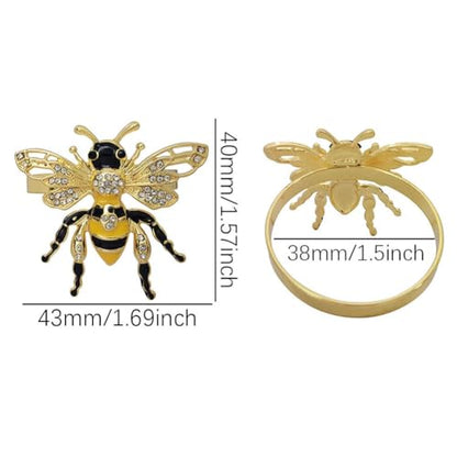 Bee Napkin Rings Set of 6, Gold Bee Napkin Holders with Rhinestones | Serviette Buckles Metal Holder for Cloth Napkins, Party Table Decor Banquet Wedding Birthday Thanksgiving Holiday Daily Use