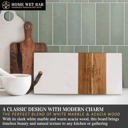 HomeWetBar Personalized Acacia Charcuterie Board | Custom 15" x 7" White Marble & Acacia Wood Cheese Board | Perfect Housewarming + Wedding + Couples Gift Idea - style: Winslow White Marble Board