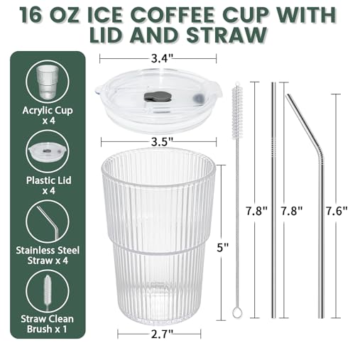 HIGIINC Iced Coffee Cups With Lids and Straws 4 Pcs, 16 OZ Unbreakable Glasses Drinking Set,Clear Plastic Cups Reusable Iced Coffee Tumbler with Lid and Straw, To Go Coffee Cups Dishwasher Safe - style: 4pack