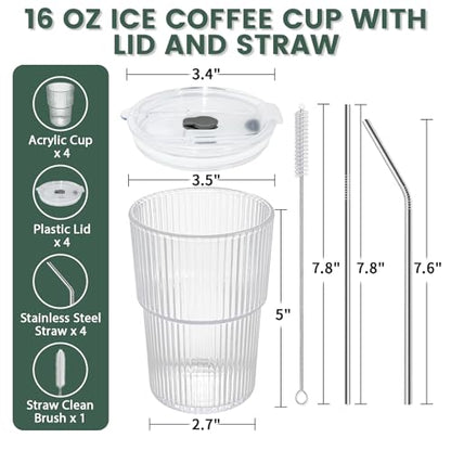 HIGIINC Iced Coffee Cups With Lids and Straws 4 Pcs, 16 OZ Unbreakable Glasses Drinking Set,Clear Plastic Cups Reusable Iced Coffee Tumbler with Lid and Straw, To Go Coffee Cups Dishwasher Safe - style: 4pack