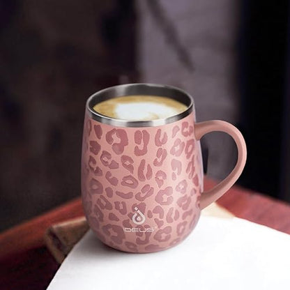 Ideus 16 oz Insulated Coffee Mug with Handle and Lid, Double Wall Stainless Steel Vacuum Thermal Coffee Mug, Travel Coffee Cup Thermal Cup for Home and Office (Leopard Pink, FUJI DAWN) - color: Leopard Pink