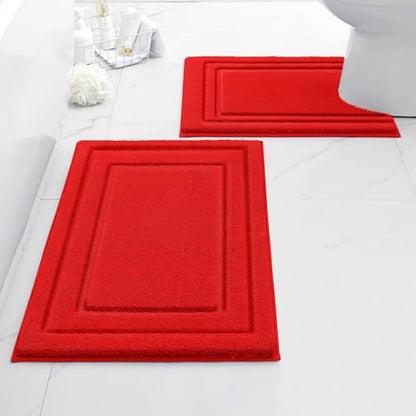 HOMEIDEAS Bathroom Rugs Sets 2 Piece, Super Soft and Absorbent Non Slip Microfiber Machine Washable Bath Mat Set (20"x32"+U20 x24, Red) - color: Loop- Red, size: 1'8" x 2'8" (20"x32"+U Shape 20"x24")