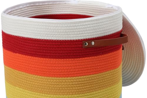 16"x20" Extra Large Cotton Rope Basket with Zipper Lid, Woven Laundry Hamper and Blanket Storage Basket, Round Clothes Bin for Living Room Bedroom, Rainbow & White - color: Rainbow/White