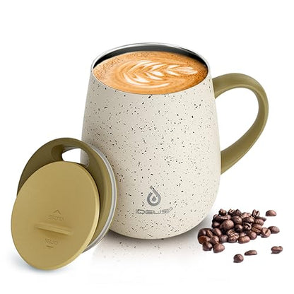 Ideus 16 oz Insulated Coffee Mug with Handle and Lid, Double Wall Stainless Steel Vacuum Thermal Coffee Mug, Travel Coffee Cup Thermal Cup for Home and Office (Eggshell Yellow, FUJI DAWN) - color: Eggshell Yellow