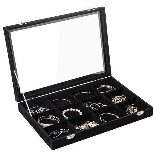 12 Grid Bracelet Holder Box,Velvet Jewelry Tray with Clear Lid | Real Glass Lid,Bracelet Display,Jewelry Organizer for Bangle Brooch,Adjustable Divider,Dustproof Design,13.8×9.5Inches - color: Black, size: 12 Grid