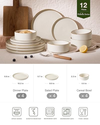 Famiware Nebula 12-Piece Dinnerware Set, Matte Beige White with Brown Rim | Stoneware Plates and Bowls, Handmade Reactive Glaze, Microwave & Dishwasher Safe, Chip & Scratch Resistant - color: Matte Beige White with Brown Rim, size: Service for 4 (Standard