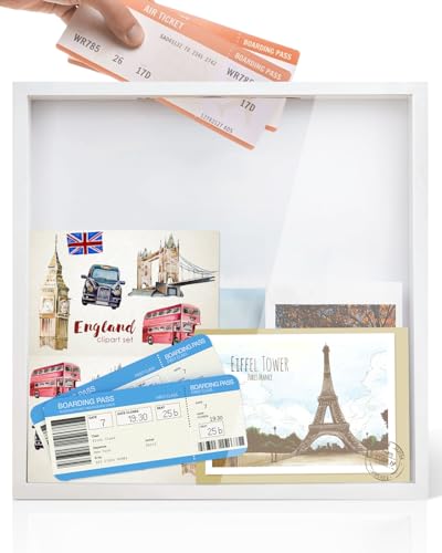 Adventure Archive Box, 12 x 12 Inch Travel Box for Memories, Travel Shadow Box Frame with Slot, Adventure Box, Keepsake Display Case, Perfect for Travel Memento Display Case Travel Decor Gift (White) - size: 12×12-white