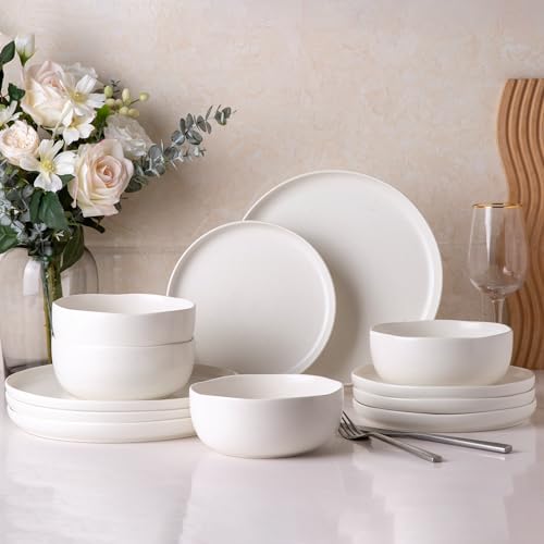 AmorArc Stoneware Dinnerware Sets for 4,12Pcs Ceramic Plates and Bowls Sets | Wavy Rim Shape Dishes Set, Dishwasher & Microwave & Oven Safe Dishware-Matte Surface - color: Matte Speckled White, size: Service for 4