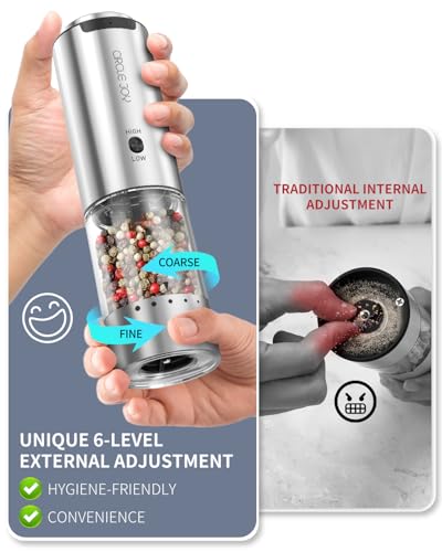 CIRCLE JOY Electric Salt and Pepper Grinder Set Stainless Steel Rechargeable Salt and Pepper Grinder Set, Variable Grinding Speed, External Adjustable Coarseness, Storage Base, White LED Light, Silver - color: 2-Speed Rechargeable Set with Base